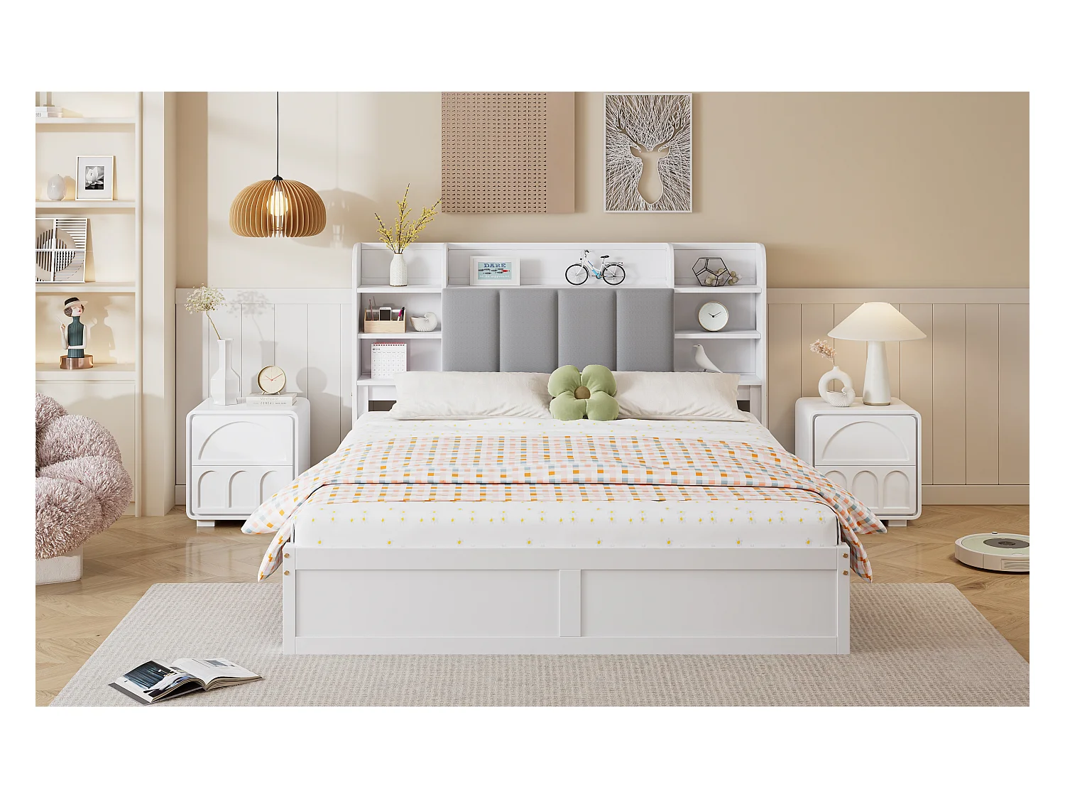 Tweepersoonsbed 160x200 cm met open planken, opbergbed met drie lades op wielen, wit