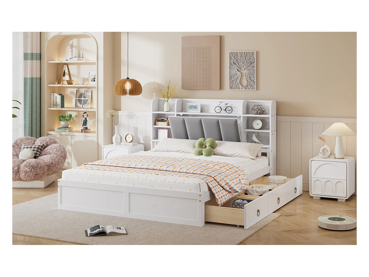 Tweepersoonsbed 160x200 cm met open planken, opbergbed met drie lades op wielen, wit