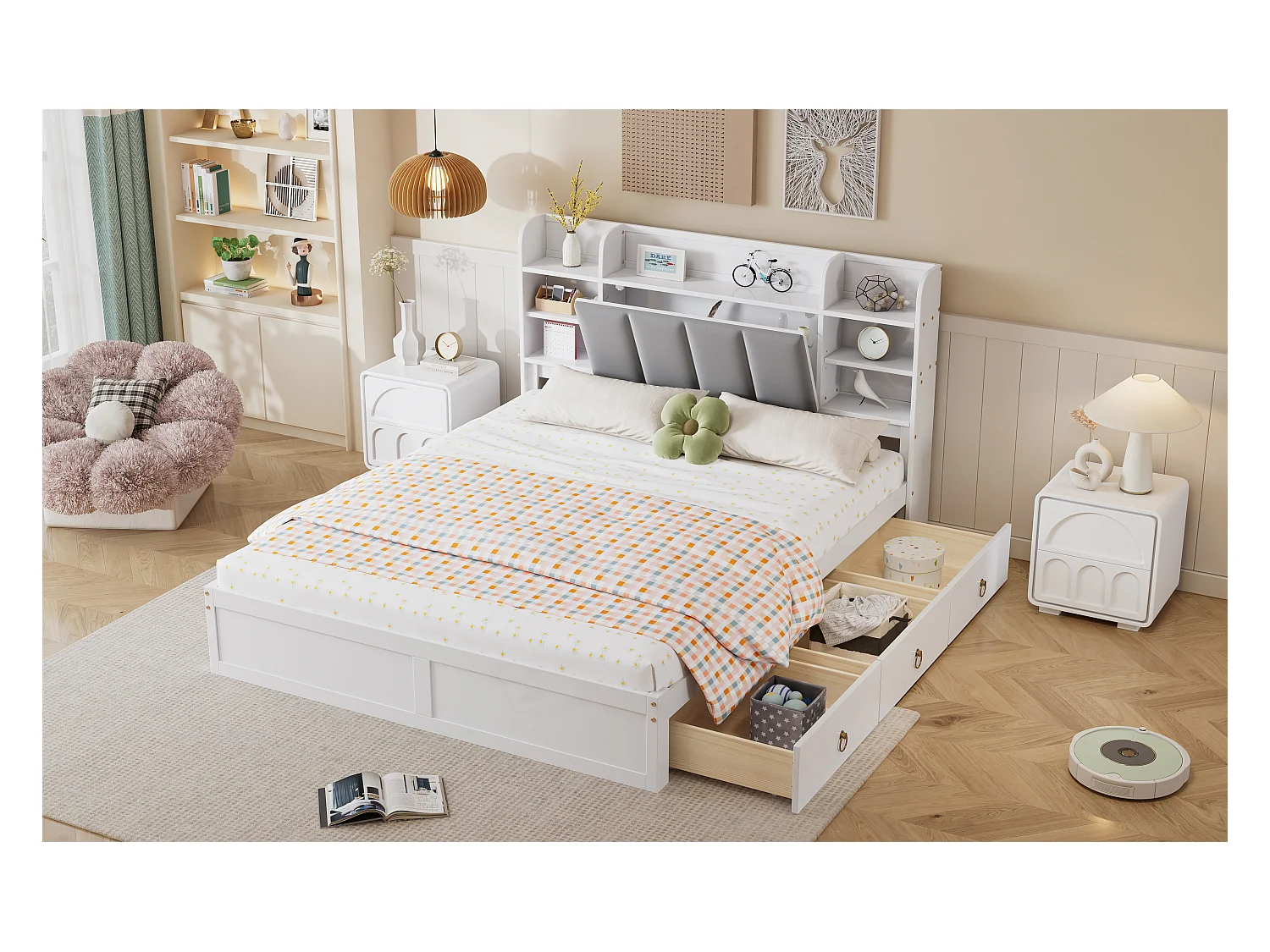 Tweepersoonsbed 160x200 cm met open planken, opbergbed met drie lades op wielen, wit