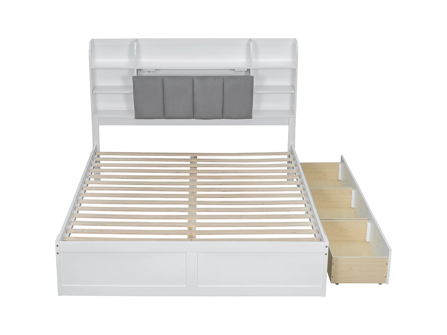 Tweepersoonsbed 160x200 cm met open planken, opbergbed met drie lades op wielen, wit