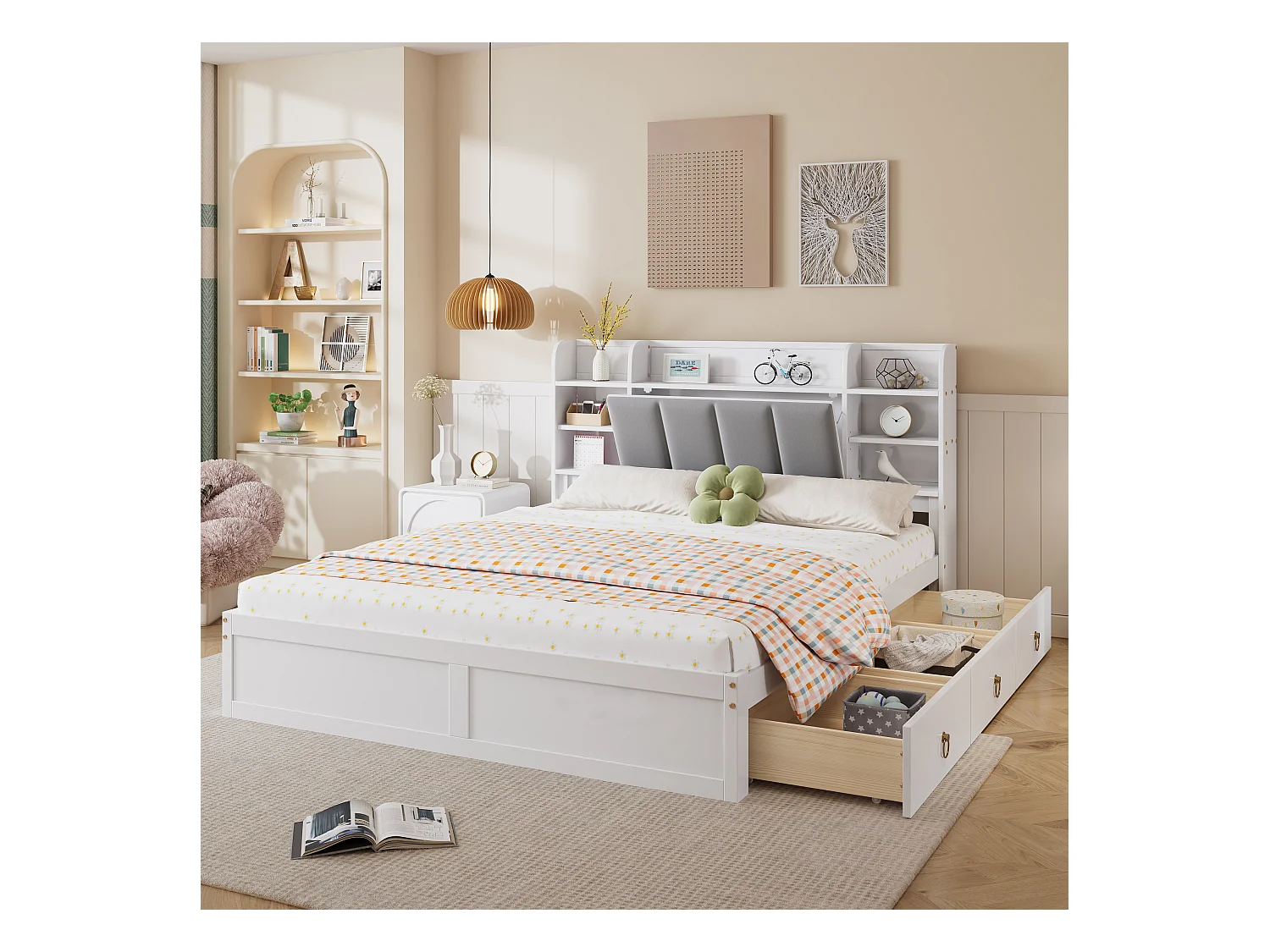 Cama de casal 160x200 cm com prateleiras abertas, cama com armazenamento e três gavetas com rodízios, branca