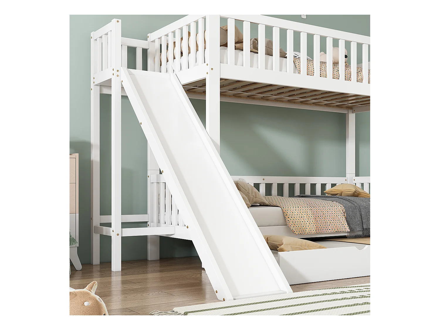 Lit Superposé Enfant avec Toboggan,Lit Enfants Superposé 3 Places 90x200 cm, Sommier à Lattes, Blanc
