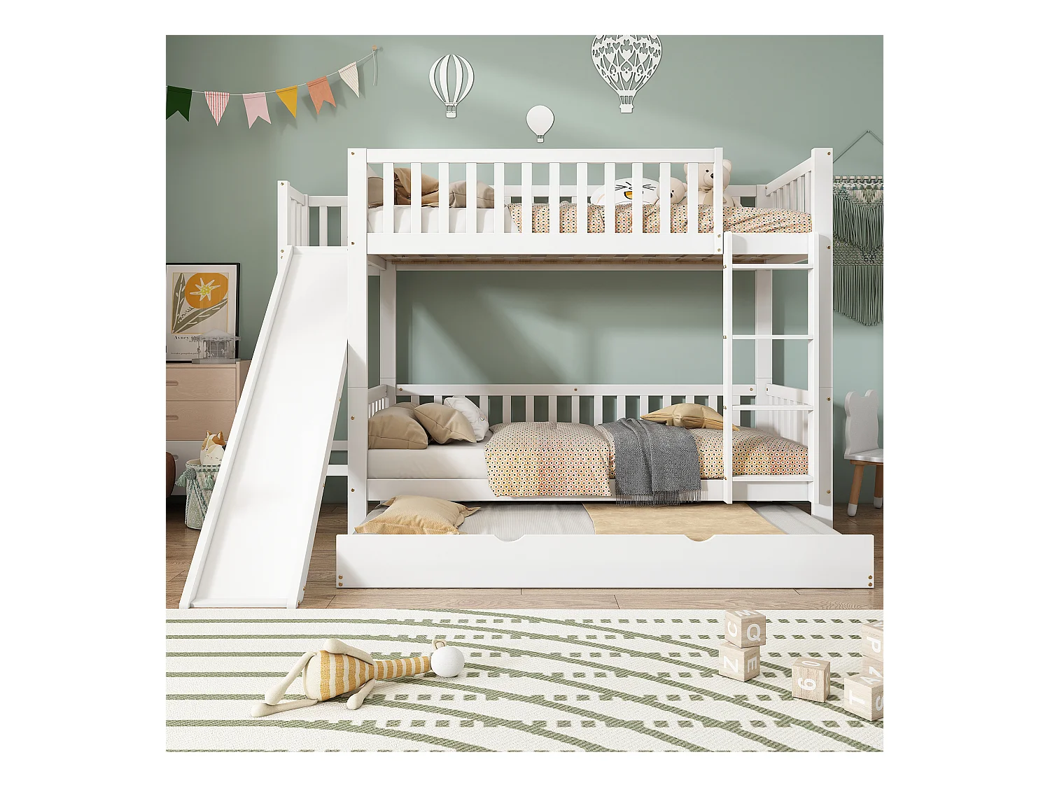 Litera infantil con tobogán, 3 plazas, 90 x 200 cm, somier de láminas, color blanco