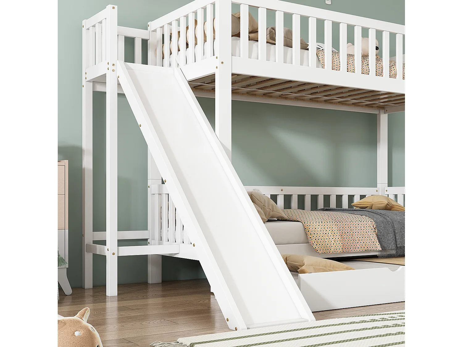 Kinderstapelbed met glijbaan, 3-persoons kinderstapelbed 90x200 cm, lattenbodem, wit