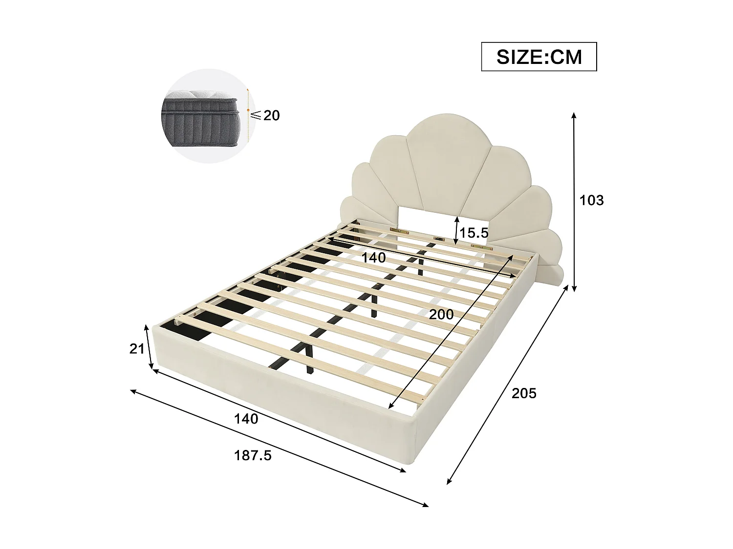 Beige fluwelen tweepersoonsbedframe 140 x 200 cm met bloemblaadjes hoofdeinde (matras niet inbegrepen)