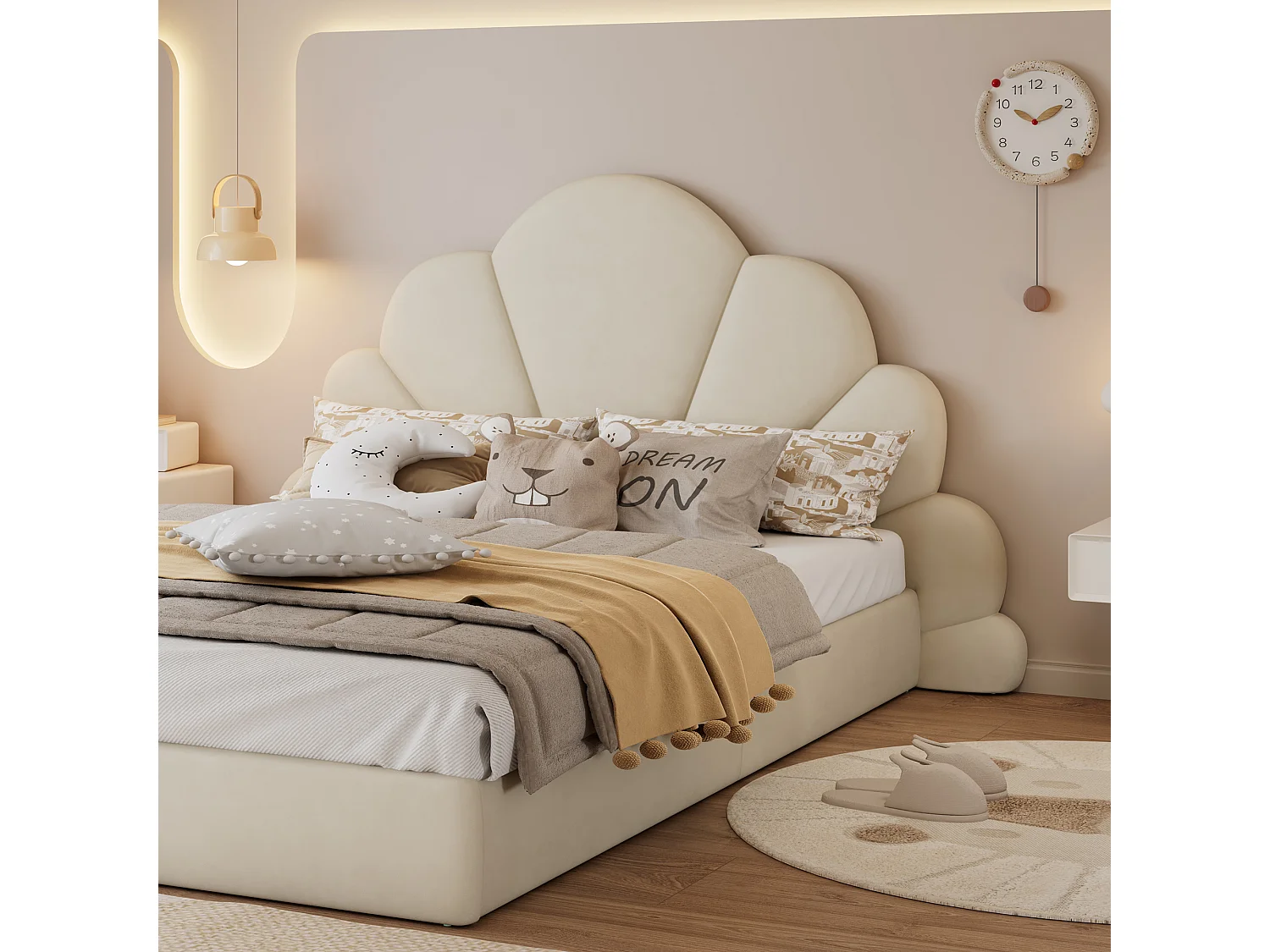 Beige fluwelen tweepersoonsbedframe 140 x 200 cm met bloemblaadjes hoofdeinde (matras niet inbegrepen)