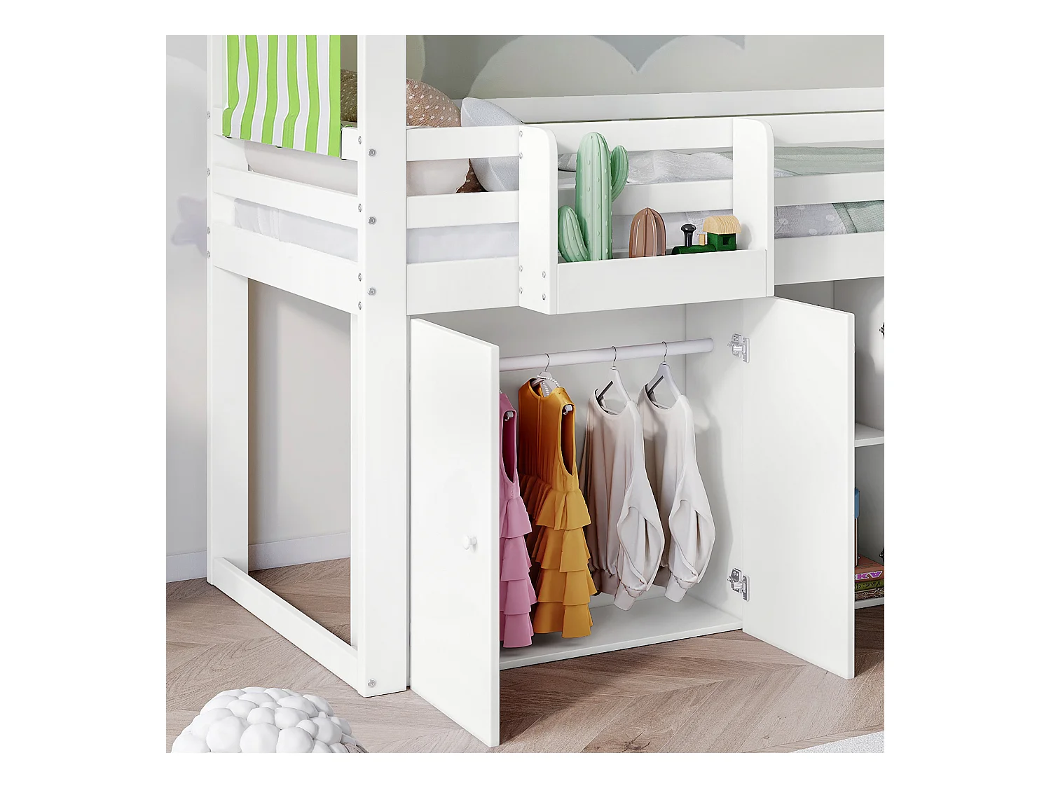 Letto a soppalco in legno 90 x 200 cm per bambini con mobile contenitore sottoletto, Bianco