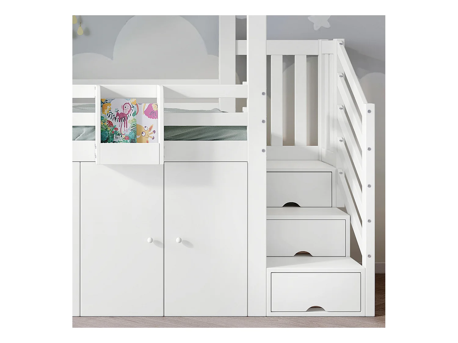 Letto a soppalco in legno 90 x 200 cm per bambini con mobile contenitore sottoletto, Bianco
