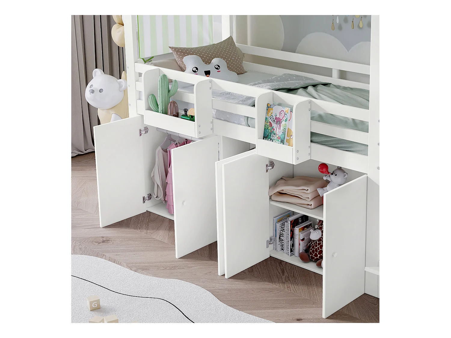 Letto a soppalco in legno 90 x 200 cm per bambini con mobile contenitore sottoletto, Bianco