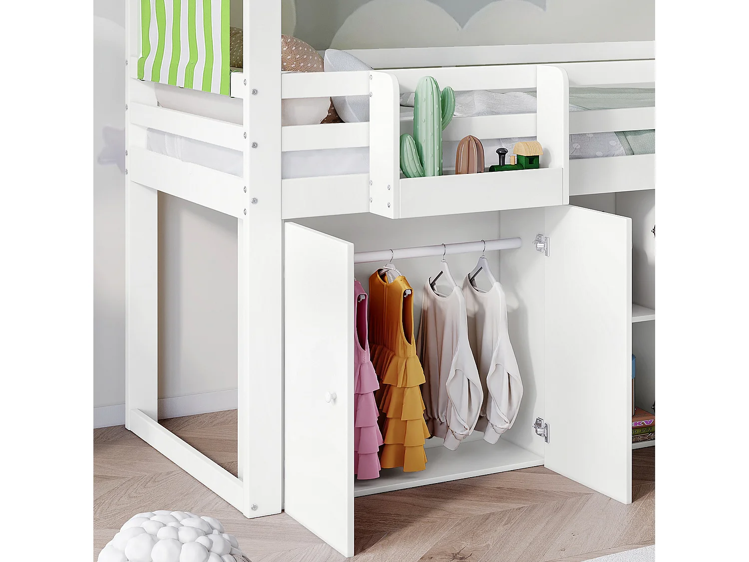 Cama alta de madeira 90 x 200 cm para crianças com armário de armazenamento embaixo da cama, branco