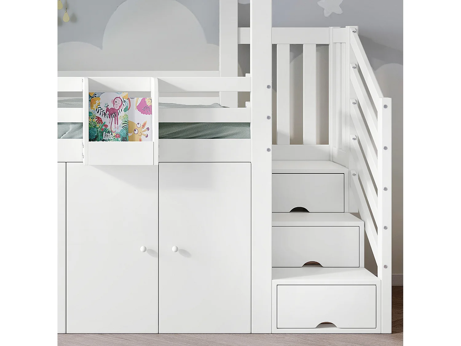 Cama alta de madeira 90 x 200 cm para crianças com armário de armazenamento embaixo da cama, branco