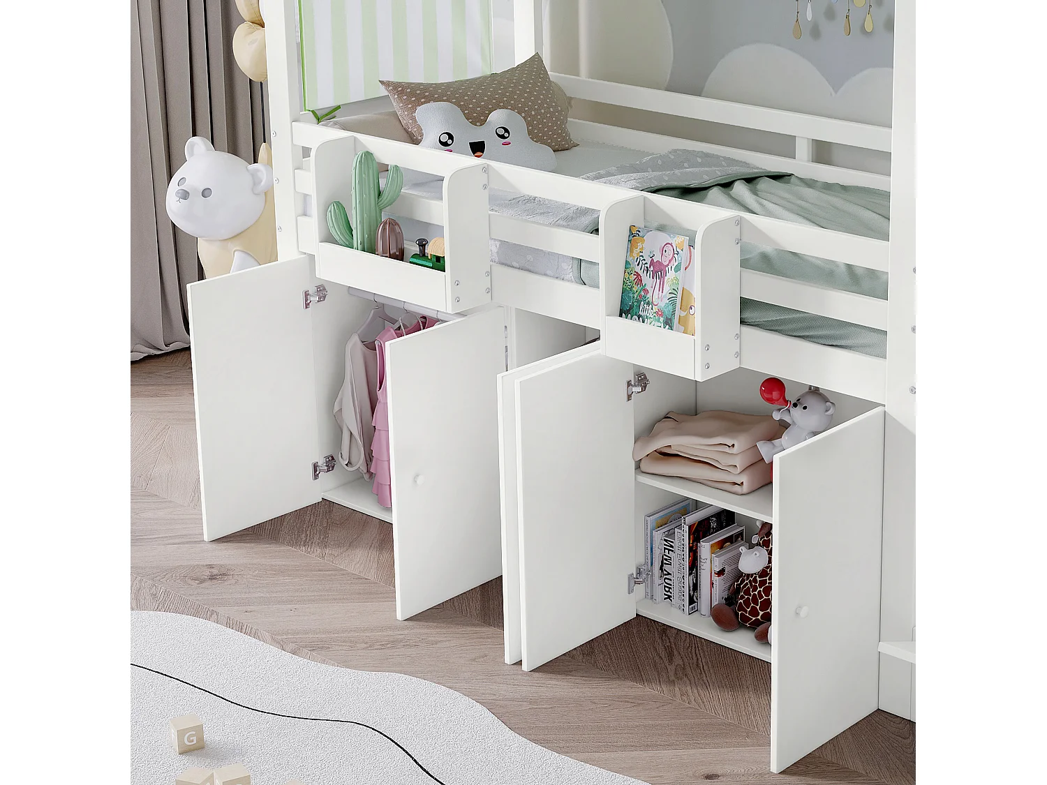 Cama alta de madeira 90 x 200 cm para crianças com armário de armazenamento embaixo da cama, branco