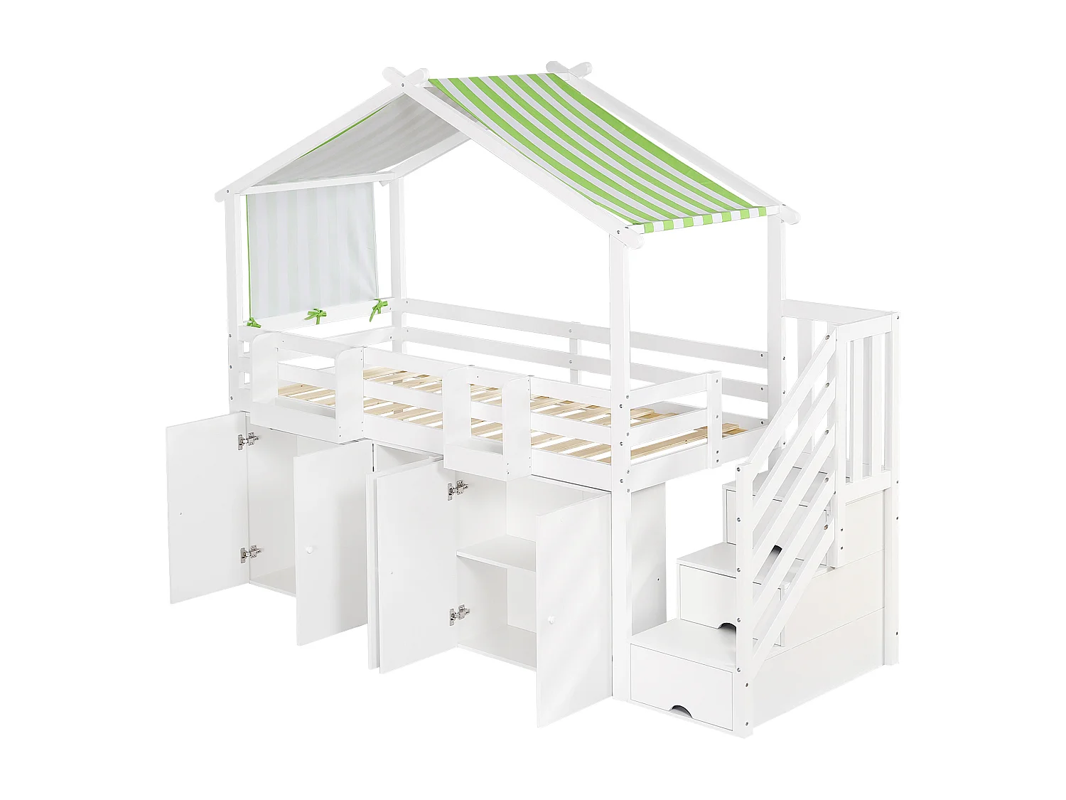 Cama alta de madeira 90 x 200 cm para crianças com armário de armazenamento embaixo da cama, branco