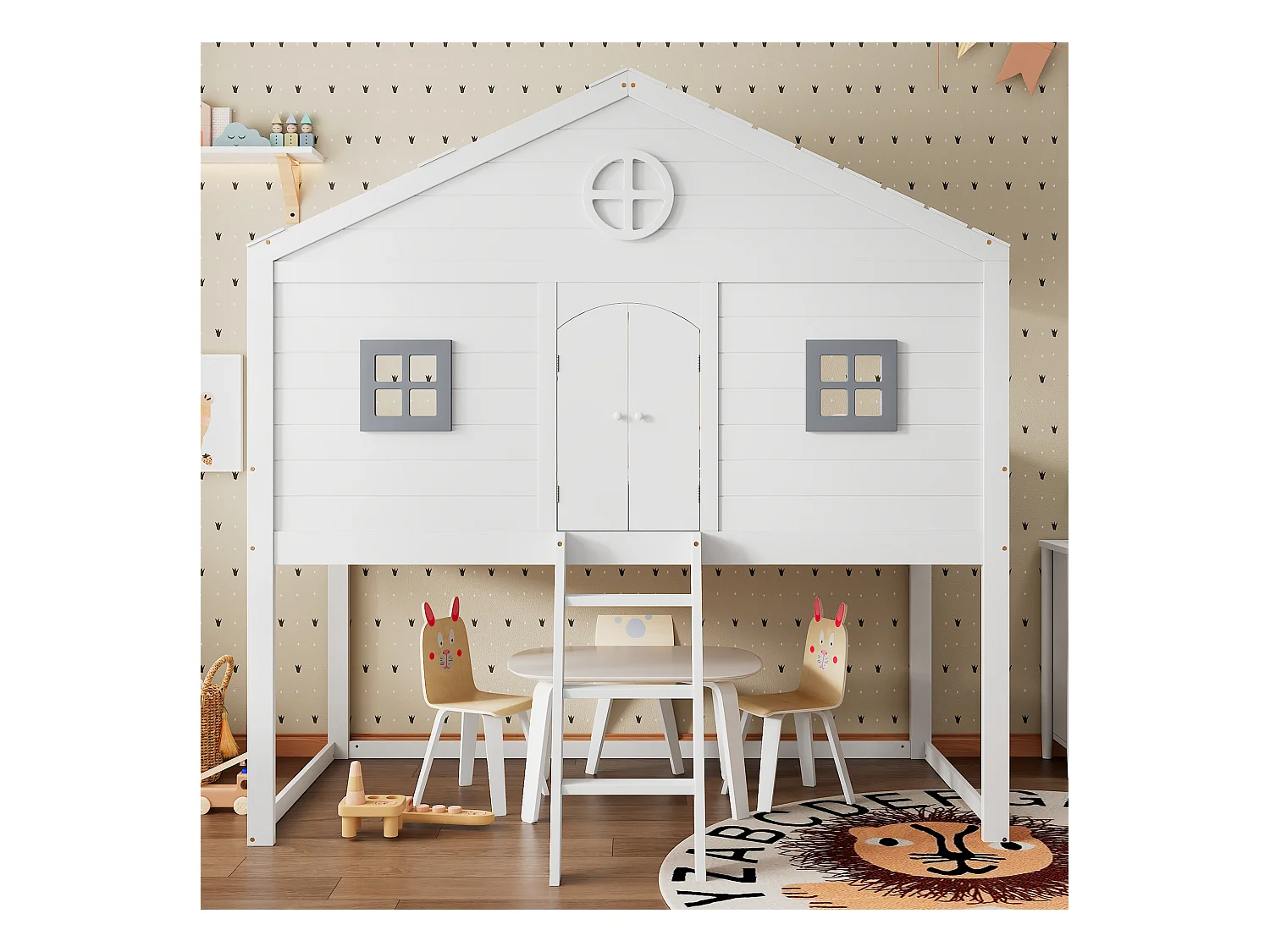 Lit Mezzanine Multifonctionnel 90x200 cm avec échelles et 2 Fenêtres,  avec Sommier à Lattes, Blanc