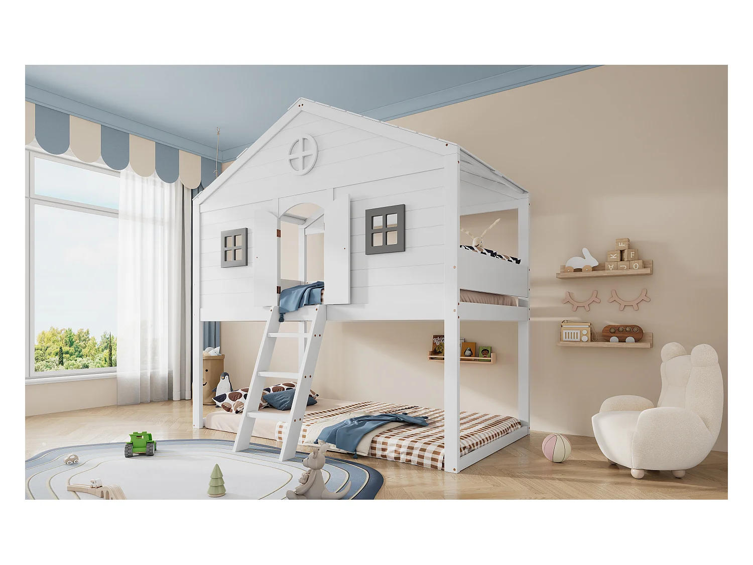 Lit Mezzanine Multifonctionnel 90x200 cm avec échelles et 2 Fenêtres,  avec Sommier à Lattes, Blanc