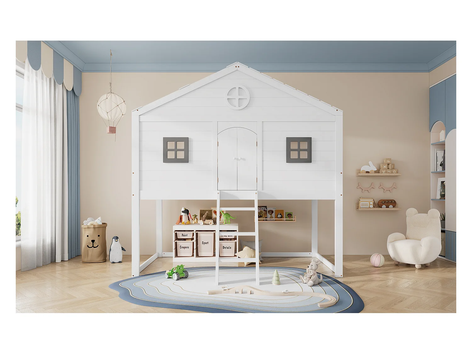 Lit Mezzanine Multifonctionnel 90x200 cm avec échelles et 2 Fenêtres,  avec Sommier à Lattes, Blanc