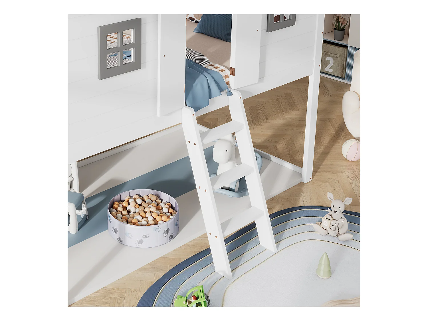 Lit Mezzanine Multifonctionnel 90x200 cm avec échelles et 2 Fenêtres,  avec Sommier à Lattes, Blanc