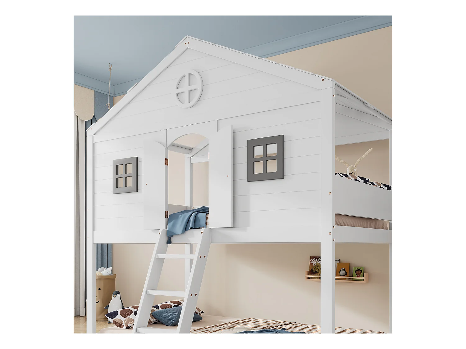 Lit Mezzanine Multifonctionnel 90x200 cm avec échelles et 2 Fenêtres,  avec Sommier à Lattes, Blanc