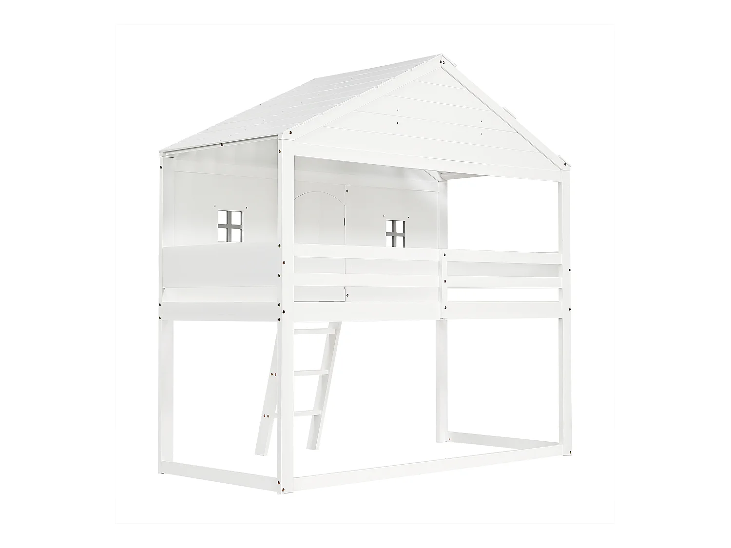 Lit Mezzanine Multifonctionnel 90x200 cm avec échelles et 2 Fenêtres,  avec Sommier à Lattes, Blanc