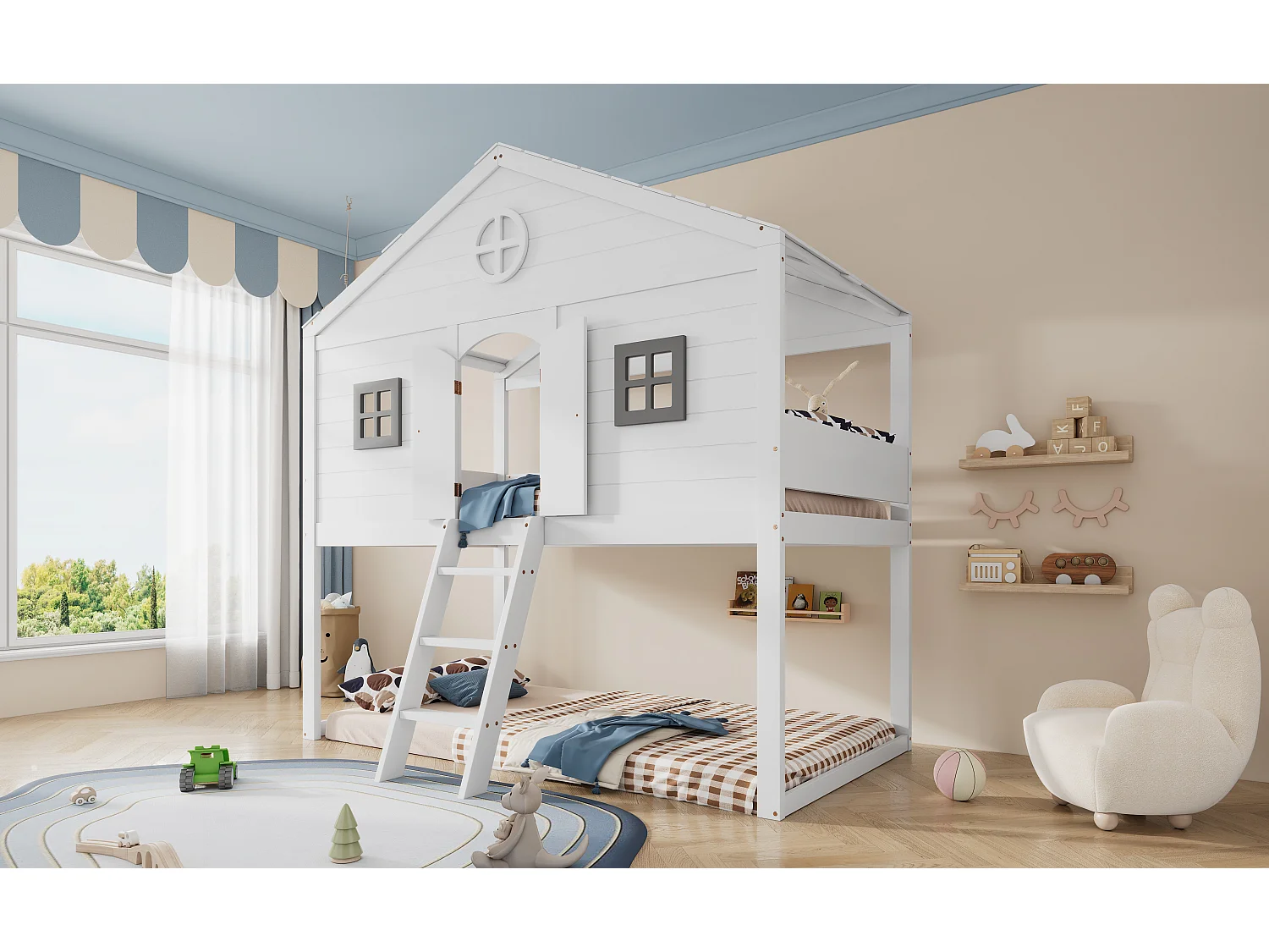 Lit Mezzanine Multifonctionnel 90x200 cm avec échelles et 2 Fenêtres,  avec Sommier à Lattes, Blanc