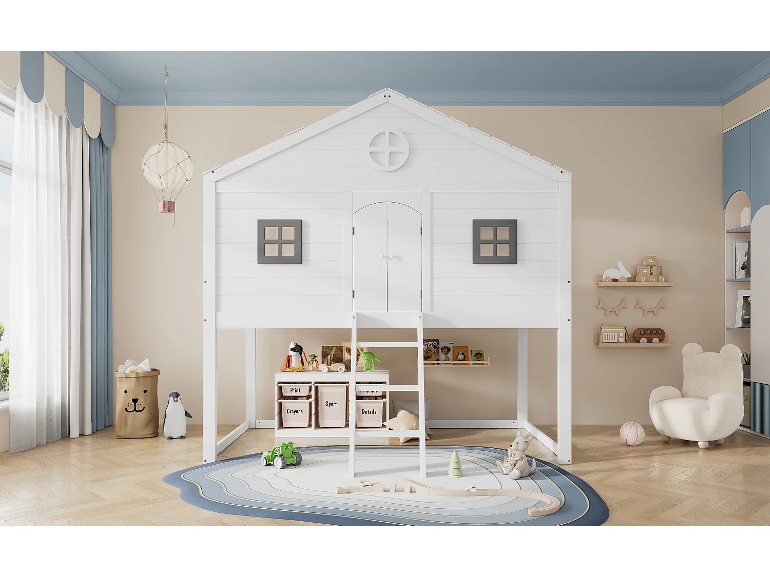 Lit Mezzanine Multifonctionnel 90x200 cm avec échelles et 2 Fenêtres,  avec Sommier à Lattes, Blanc