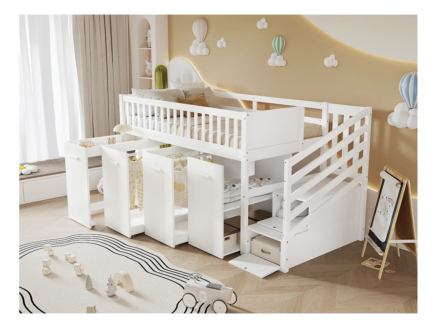 lit cabane Enfants avec Barriere 90x200 cm, lit Mezzanine 1 Place escalier, avec 2 casiers, Blanc