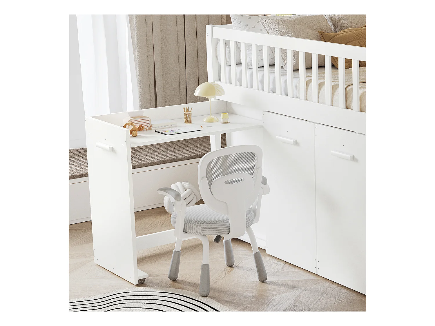 lit cabane Enfants avec Barriere 90x200 cm, lit Mezzanine 1 Place escalier, avec 2 casiers, Blanc