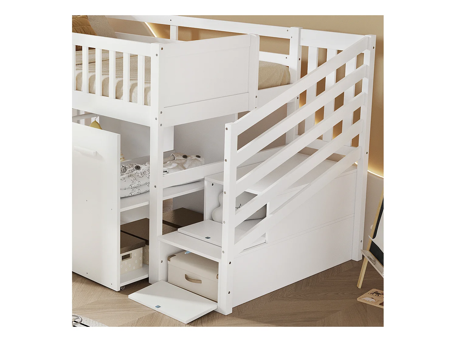 lit cabane Enfants avec Barriere 90x200 cm, lit Mezzanine 1 Place escalier, avec 2 casiers, Blanc