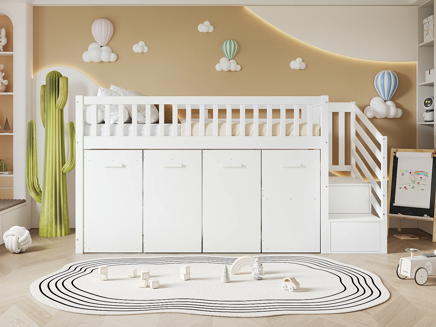 lit cabane Enfants avec Barriere 90x200 cm, lit Mezzanine 1 Place escalier, avec 2 casiers, Blanc