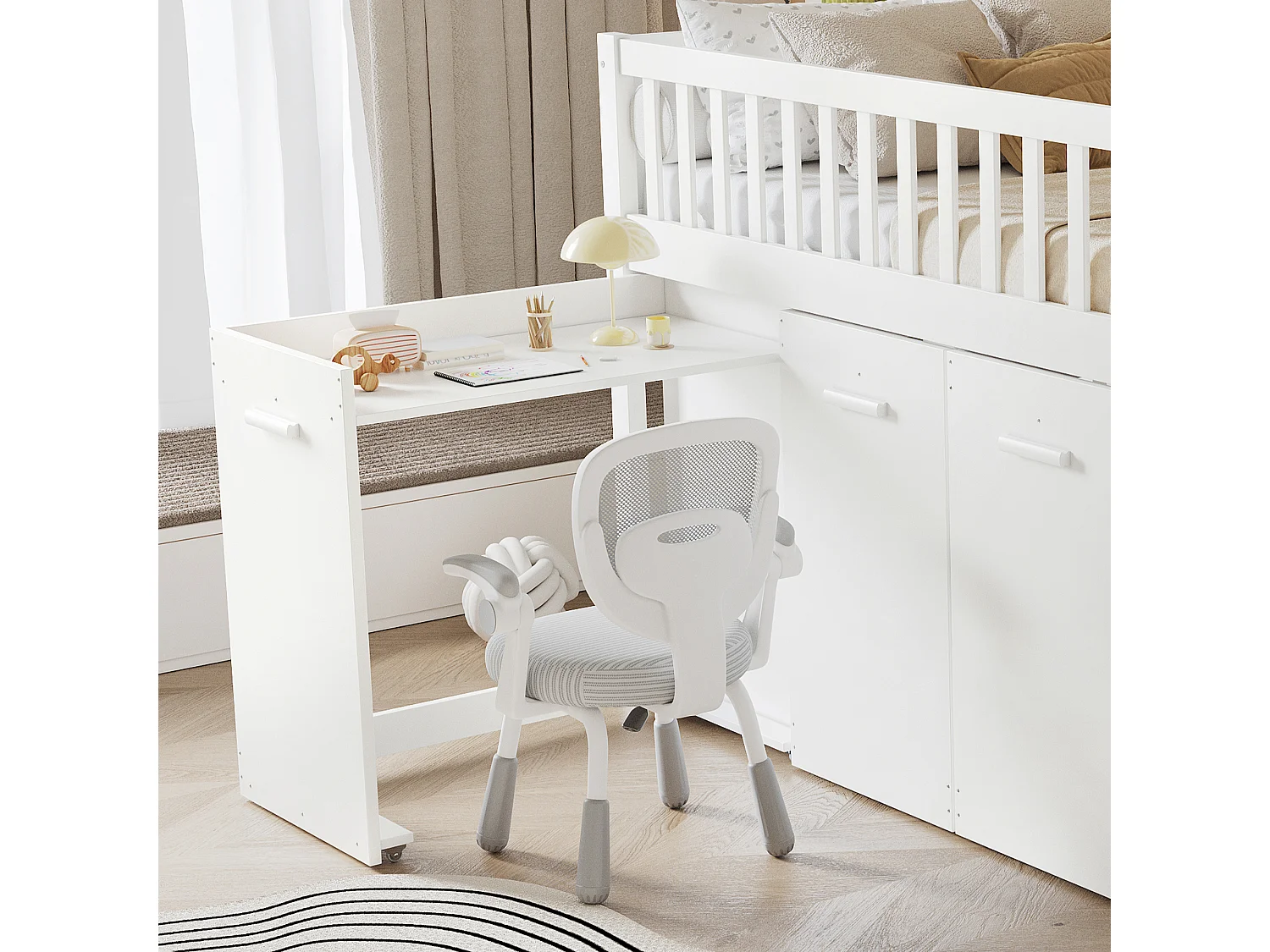 lit cabane Enfants avec Barriere 90x200 cm, lit Mezzanine 1 Place escalier, avec 2 casiers, Blanc