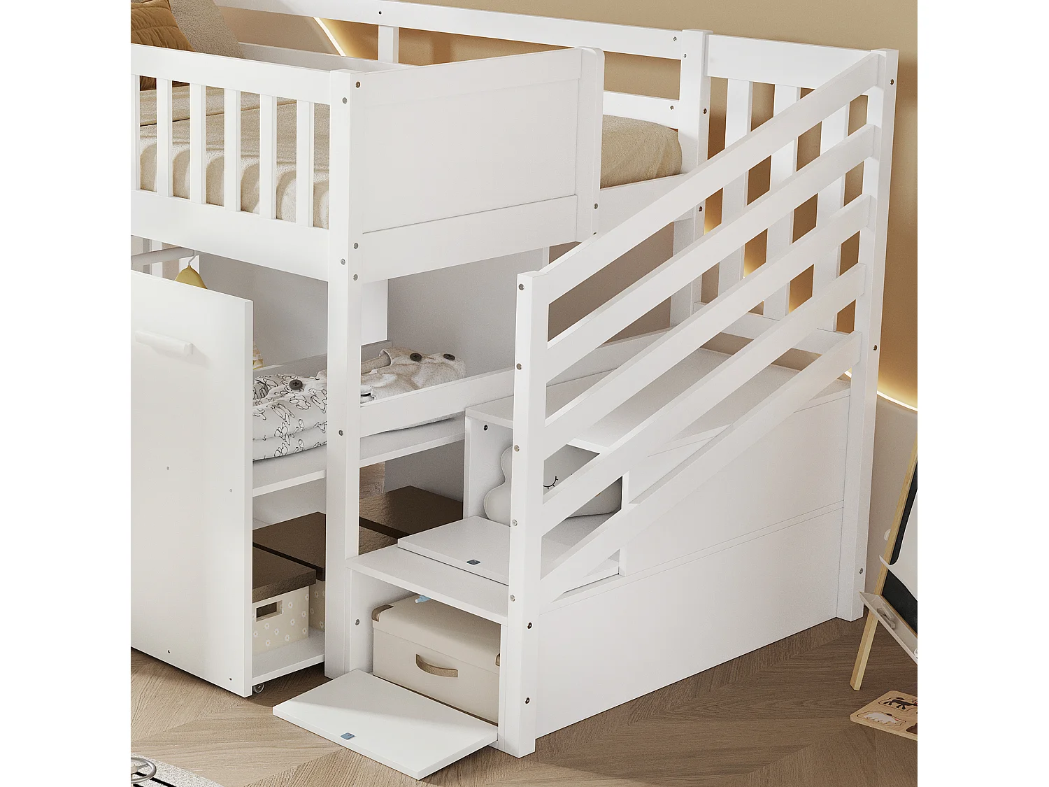 lit cabane Enfants avec Barriere 90x200 cm, lit Mezzanine 1 Place escalier, avec 2 casiers, Blanc