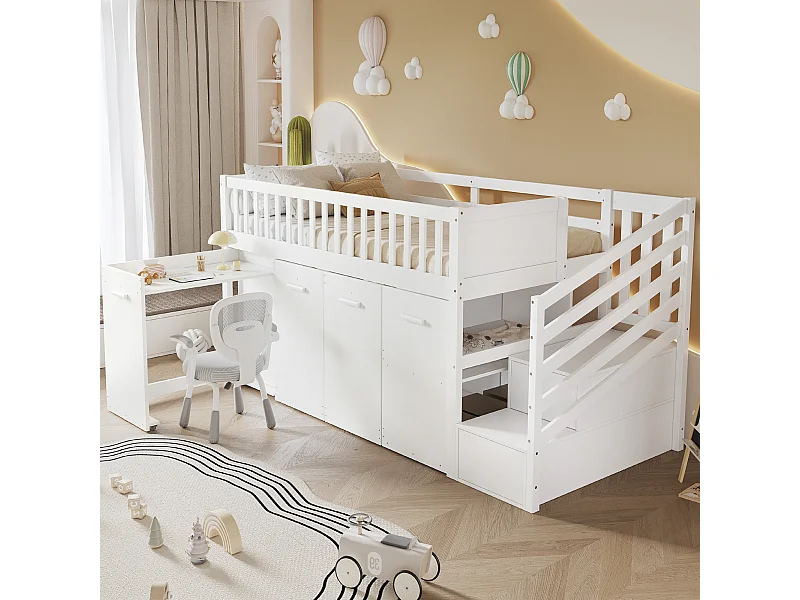 Kinderhoogslaper met spijlenhek 90x200 cm, eenpersoons hoogslaper met ladder, met 2 kasten, wit