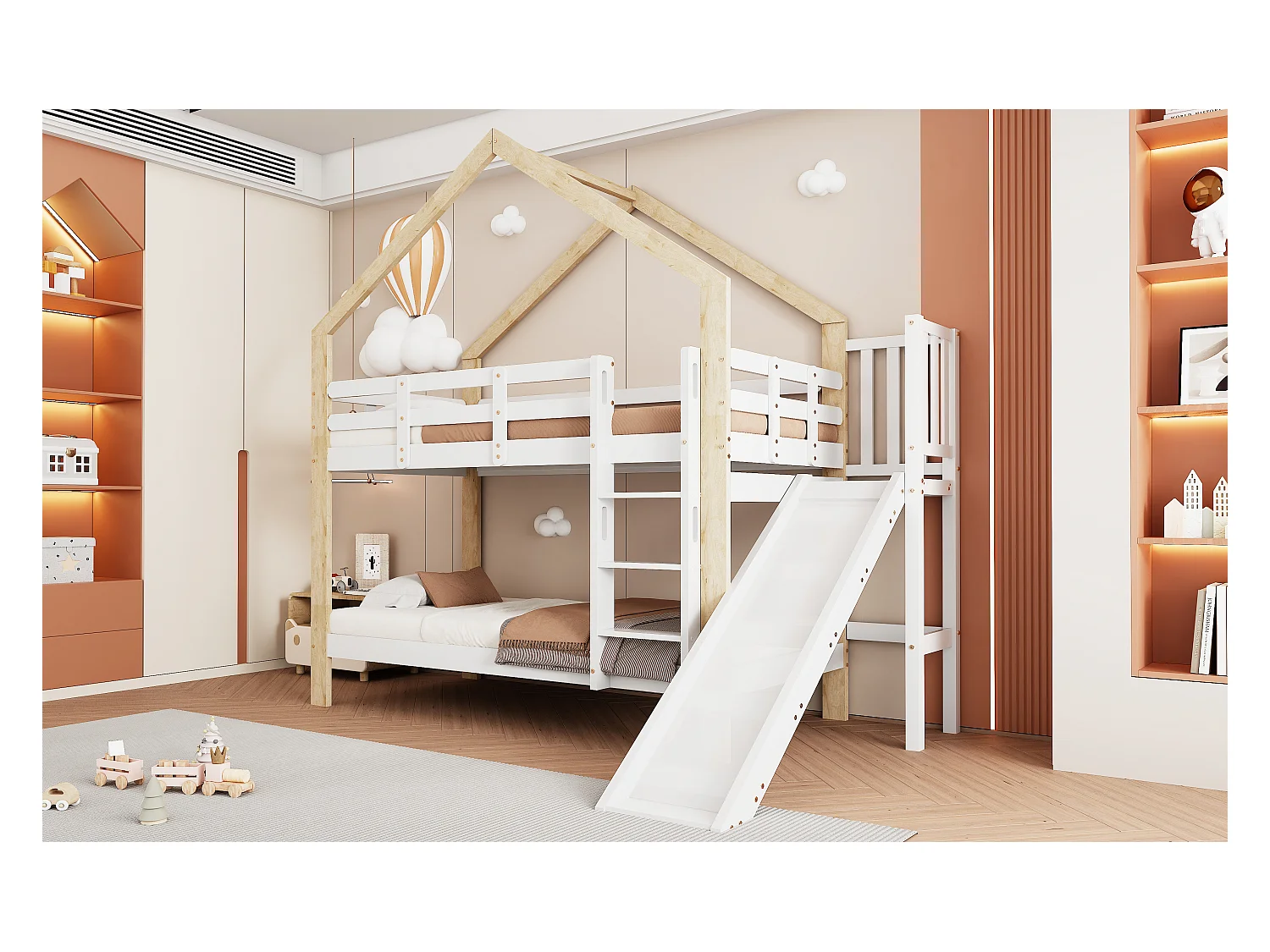 Lit Superposé avec Glissade et Échelle à 3 Niveaux, Lit Maison avec Garde-Corps, 90x200cm, Blanc