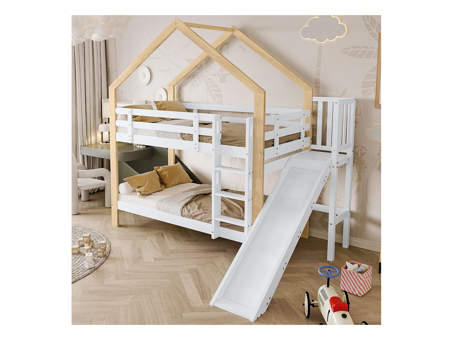 Litera con tobogán y escalera de tres niveles, cama-casa con barandilla, 90 x 200 cm, color blanco