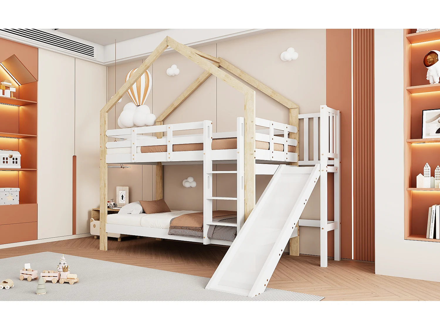 Letto a castello con scivolo e scala a 3 livelli, letto a castello con sponda, 90x200 cm, bianco