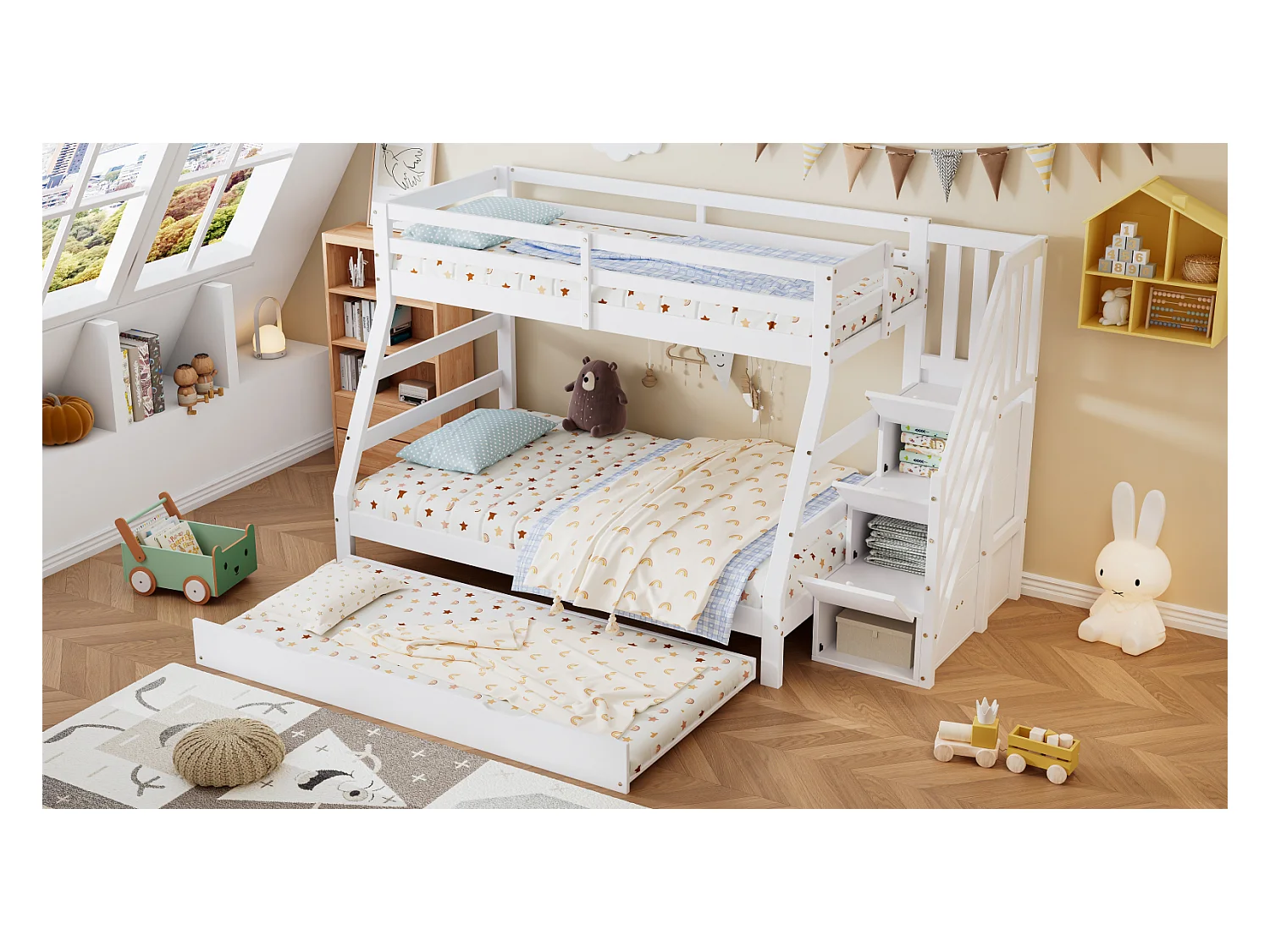 Lit Superposé 90/120x200 cm avec échelle et lit gigogne à roulettes,Sommier à Lattes, Blanc