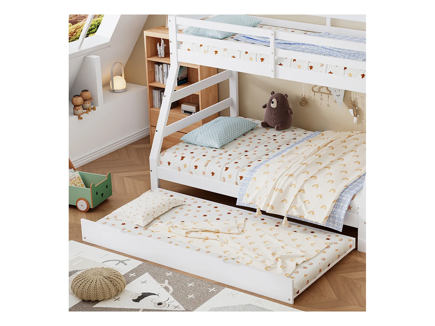 Lit Superposé 90/120x200 cm avec échelle et lit gigogne à roulettes,Sommier à Lattes, Blanc