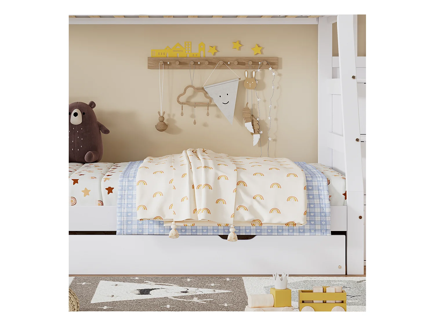 Lit Superposé 90/120x200 cm avec échelle et lit gigogne à roulettes,Sommier à Lattes, Blanc