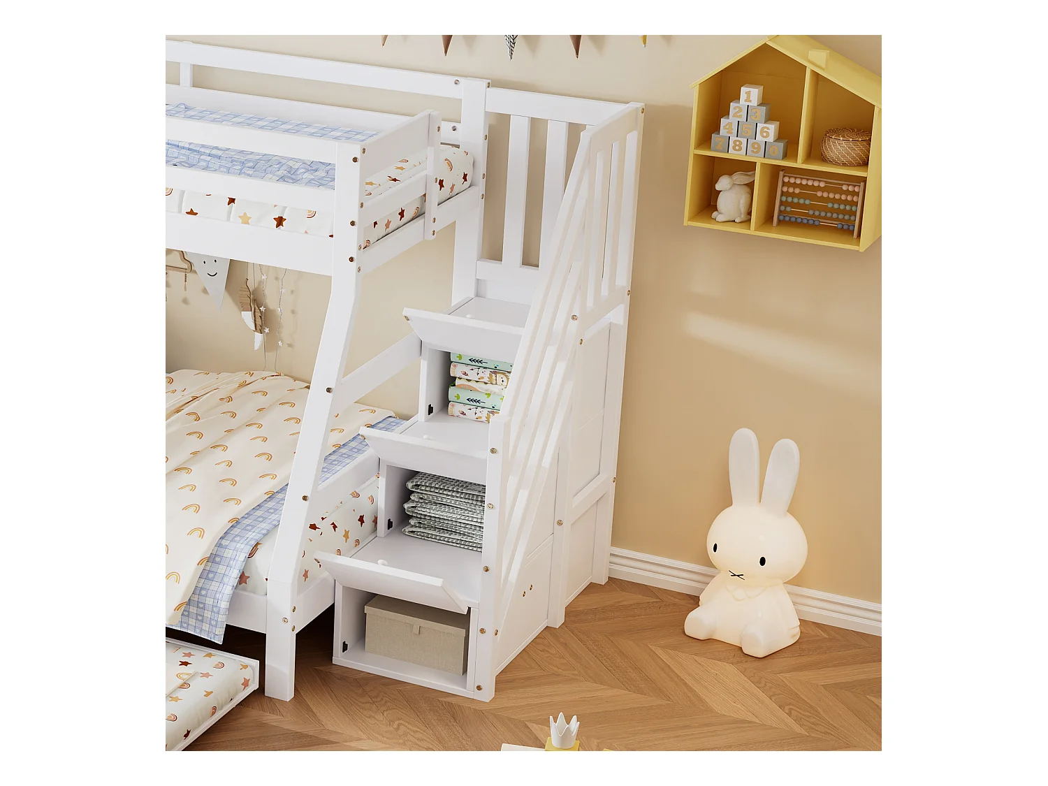 Lit Superposé 90/120x200 cm avec échelle et lit gigogne à roulettes,Sommier à Lattes, Blanc