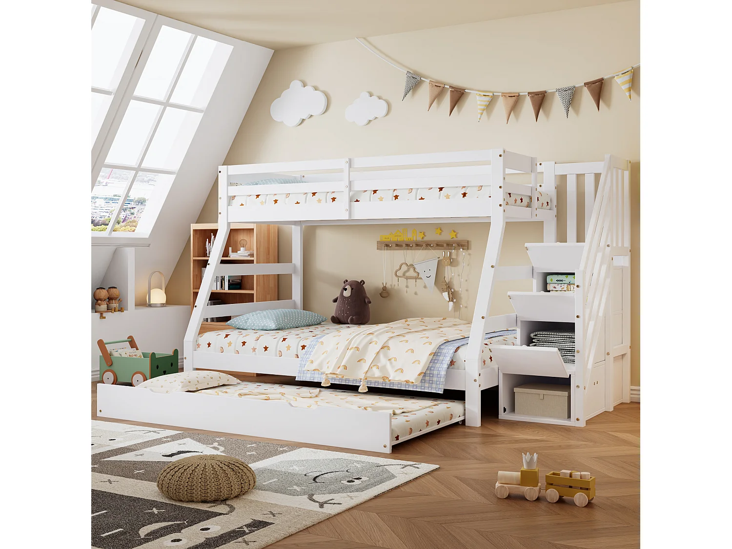 Beliche 90/120x200 cm com escada e cama auxiliar sobre rodízios, estrado de ripas, branco