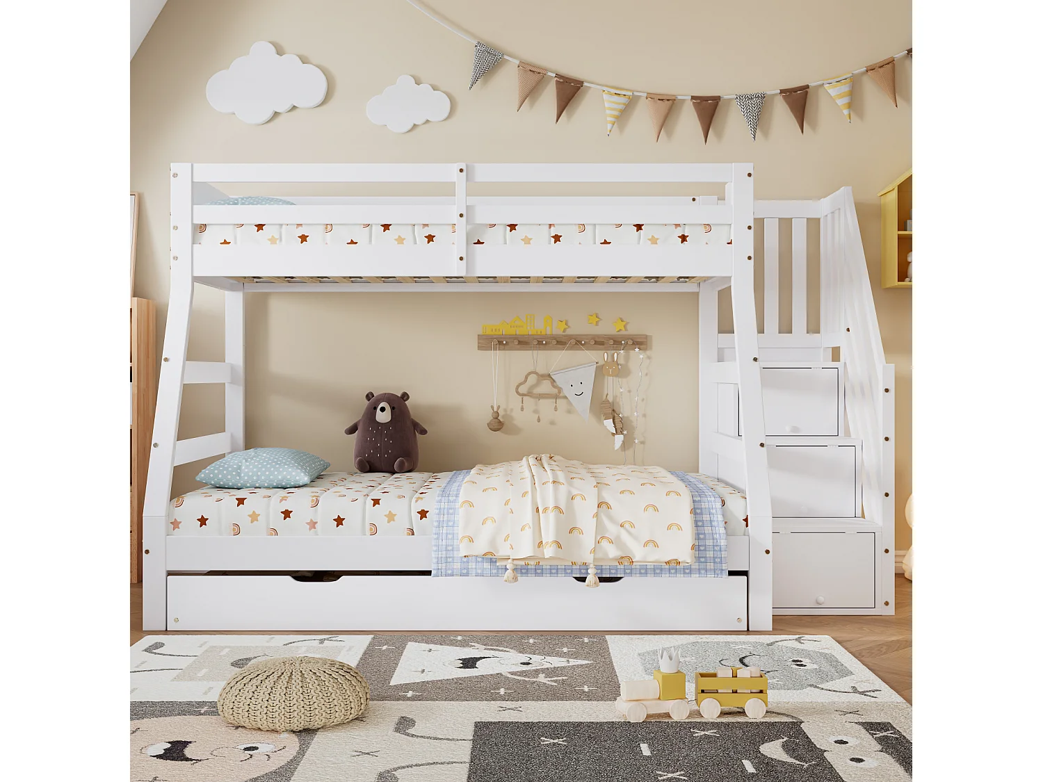 Beliche 90/120x200 cm com escada e cama auxiliar sobre rodízios, estrado de ripas, branco