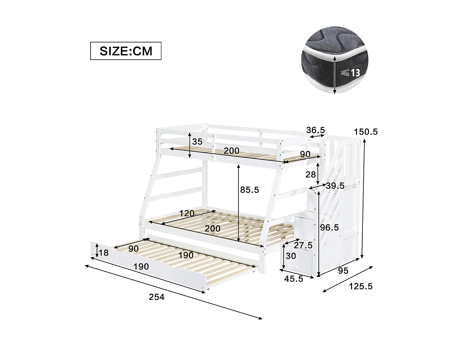 Beliche 90/120x200 cm com escada e cama auxiliar sobre rodízios, estrado de ripas, branco