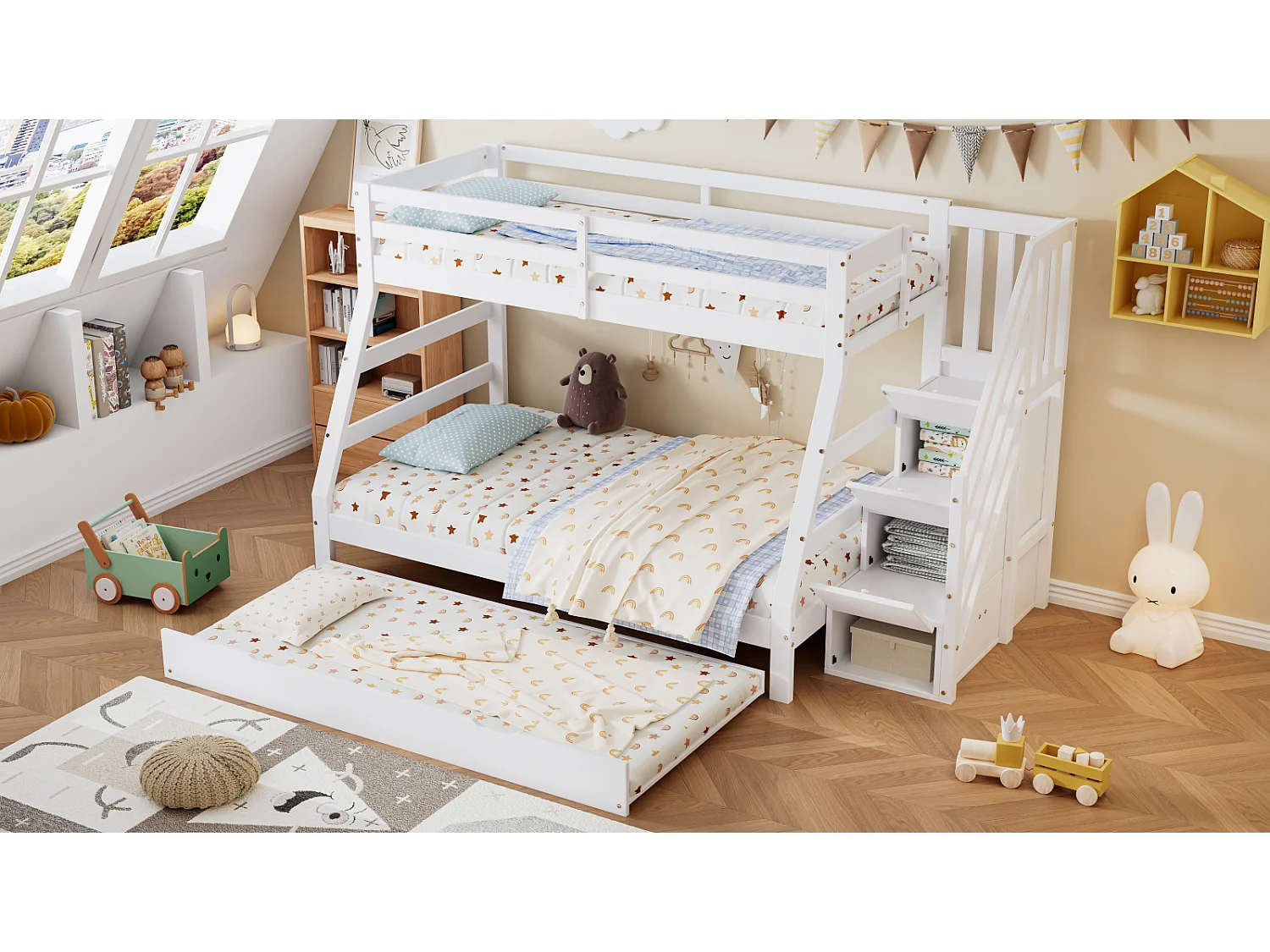 Beliche 90/120x200 cm com escada e cama auxiliar sobre rodízios, estrado de ripas, branco