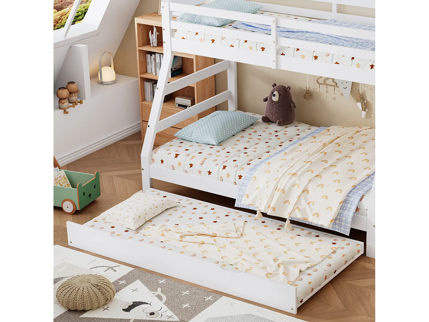 Beliche 90/120x200 cm com escada e cama auxiliar sobre rodízios, estrado de ripas, branco