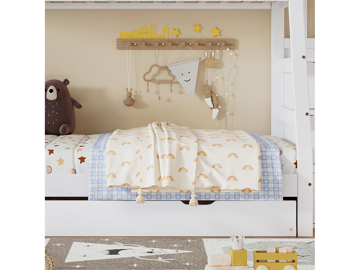 Beliche 90/120x200 cm com escada e cama auxiliar sobre rodízios, estrado de ripas, branco