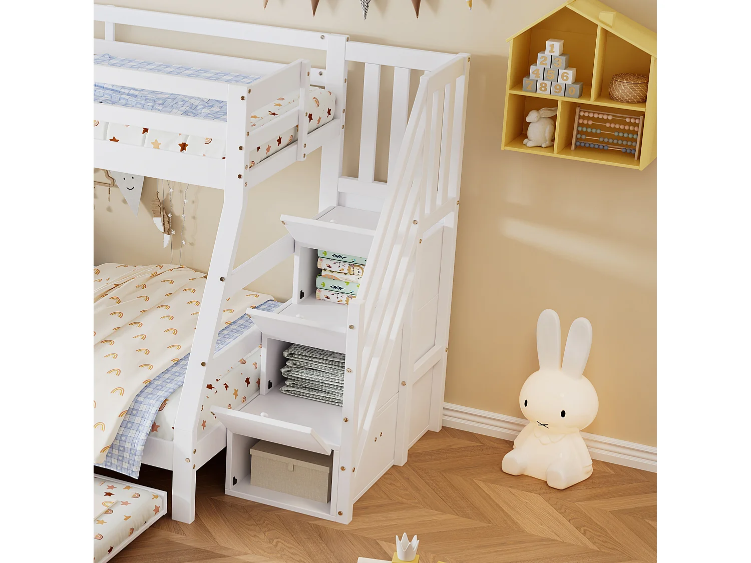 Beliche 90/120x200 cm com escada e cama auxiliar sobre rodízios, estrado de ripas, branco