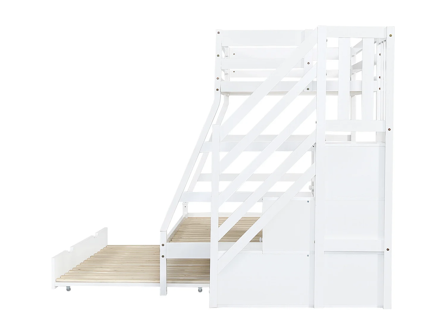 Beliche 90/120x200 cm com escada e cama auxiliar sobre rodízios, estrado de ripas, branco