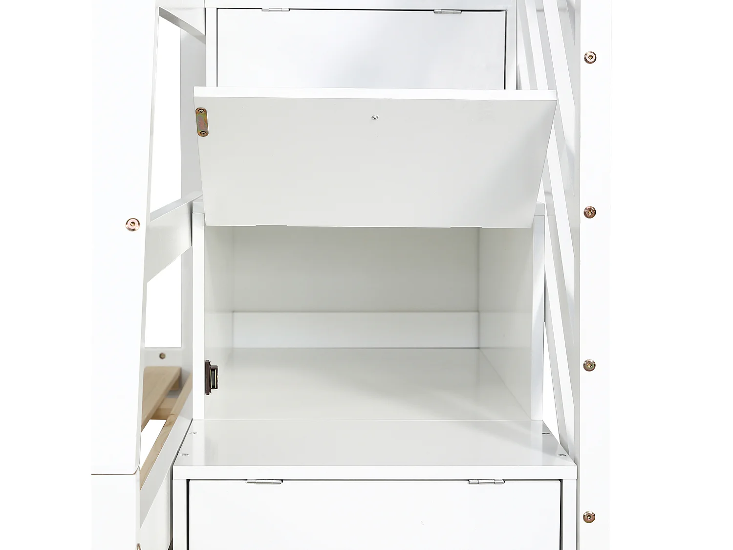 Beliche 90/120x200 cm com escada e cama auxiliar sobre rodízios, estrado de ripas, branco