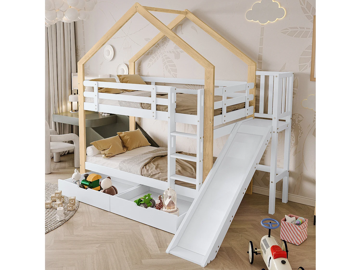 Lit superposé Enfants 90x200 cm avec Toboggan , avec Protection antichute, Blanc + Naturel