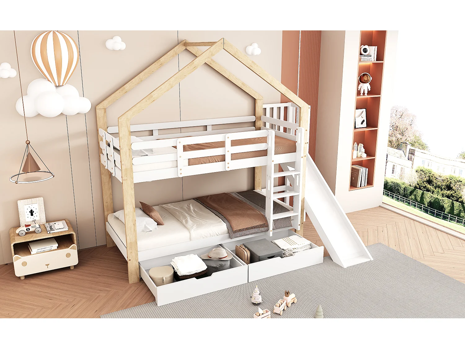 Lit superposé Enfants 90x200 cm avec Toboggan , avec Protection antichute, Blanc + Naturel